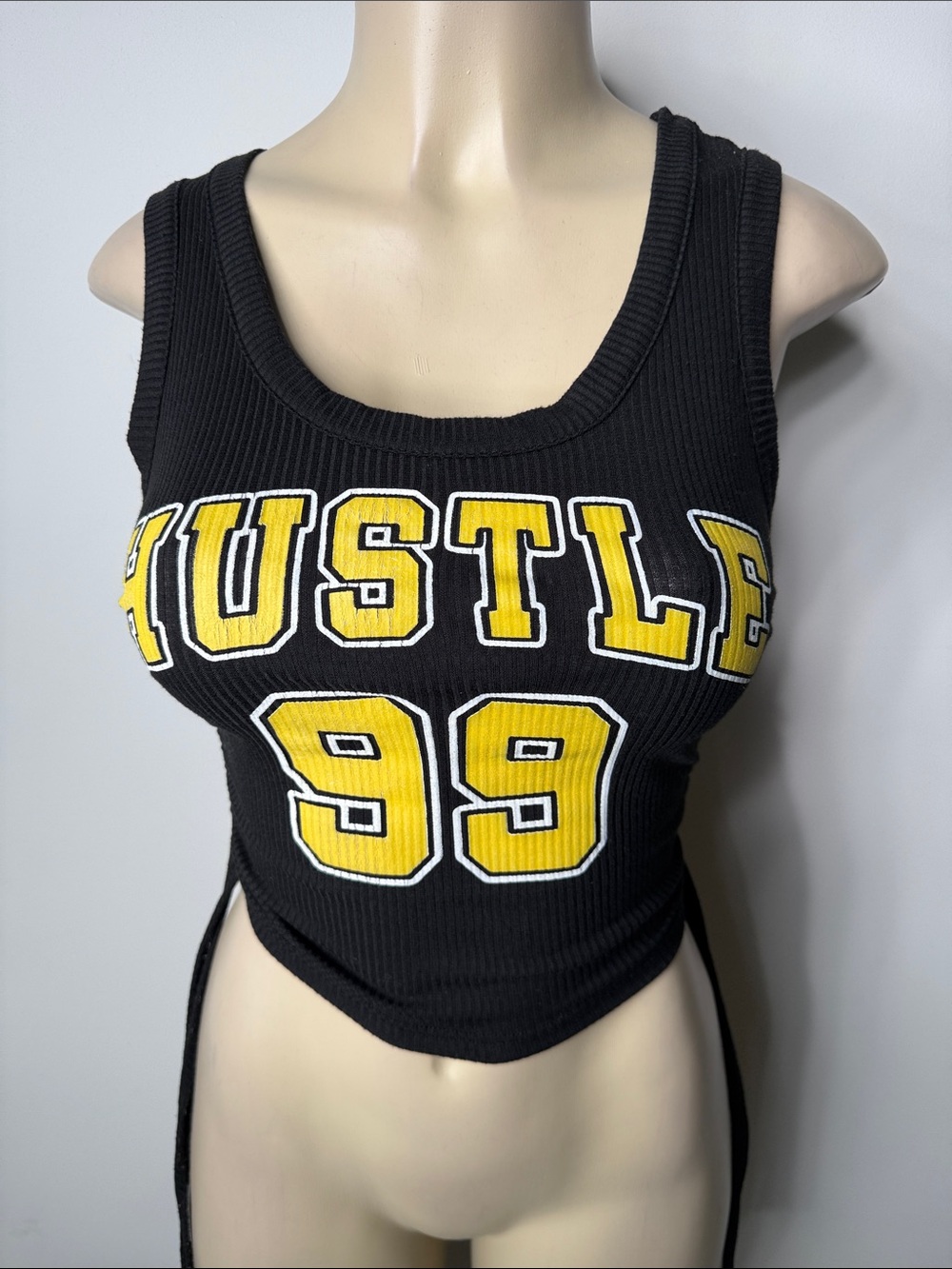 Black Ribbed Scoop Tank Top with Yellow 'HUSTLE 99' Graphic - Women's